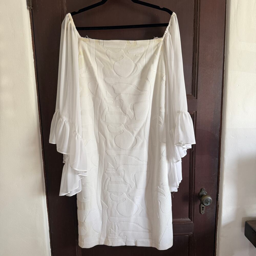JOSEPH RIBKOFF | White Off Shoulder Sheath Dress Chiffon Ruffle Bell Sleeves 12